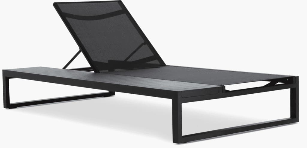 Black outdoor lounge chair with adjustable backrest and sleek design.