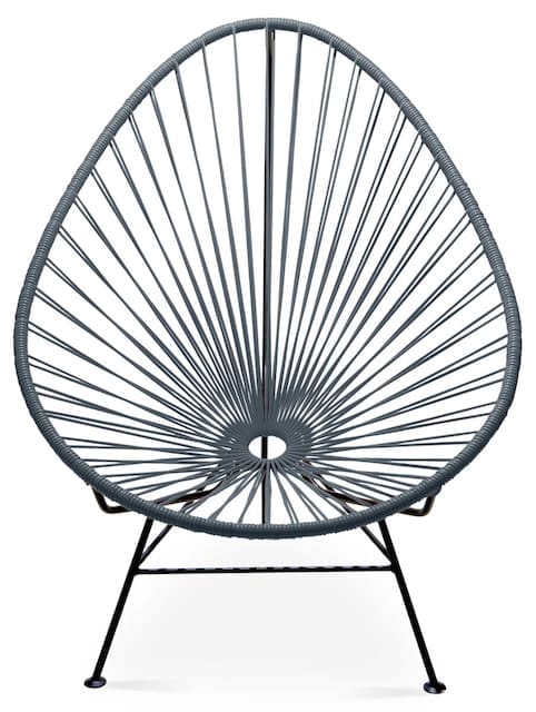 Front view of a modern gray Acapulco chair with a distinctive teardrop shape and radiating lines, set on a black metal frame.