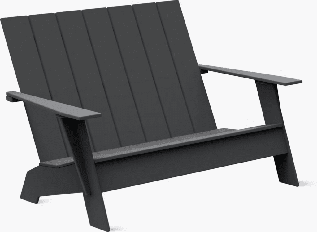 Modern dark gray Adirondack chair with a slatted backrest and wide armrests, designed for outdoor seating.