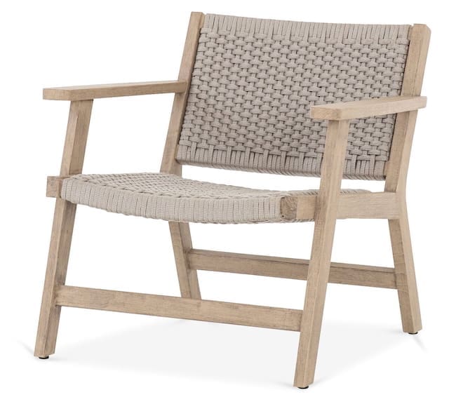 Modern woven outdoor chair with a light wooden frame and beige fabric, designed for comfort in an outdoor setting.
