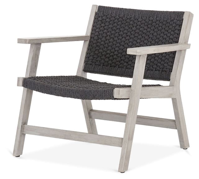 Modern outdoor chair with a woven dark gray seat and backrest, complemented by a light wooden frame.