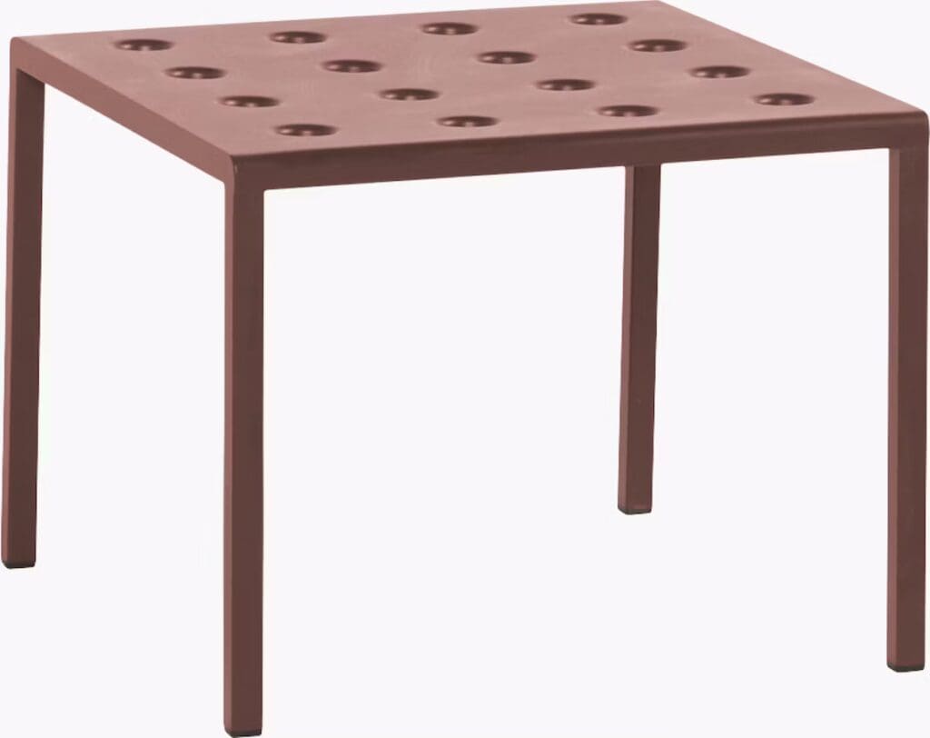 A modern brown metal side table with a perforated top and four straight legs.