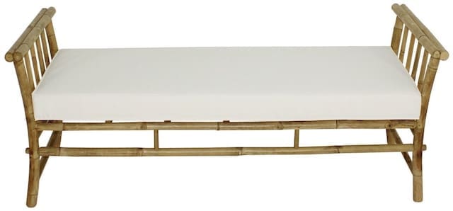 Bamboo daybed with a white mattress, designed for outdoor use.