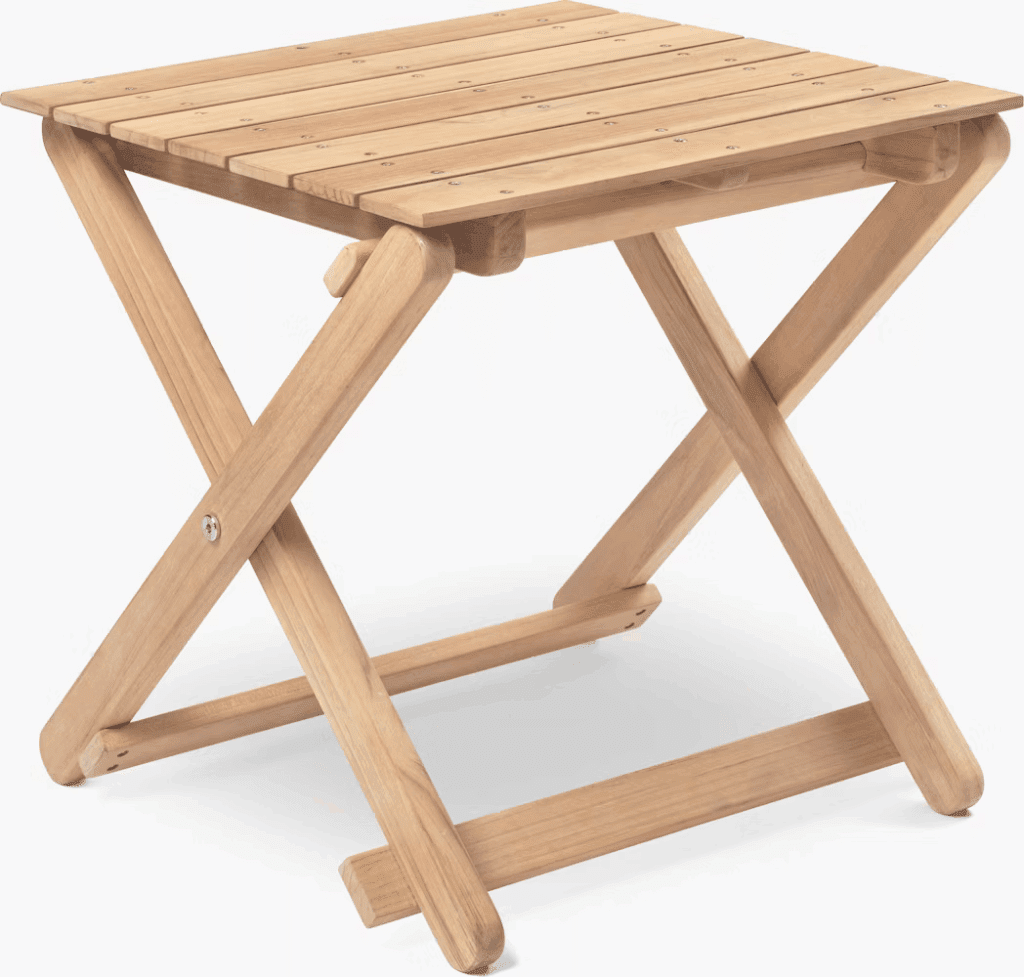Folding wooden side table with a slatted rectangular top and crossed legs.