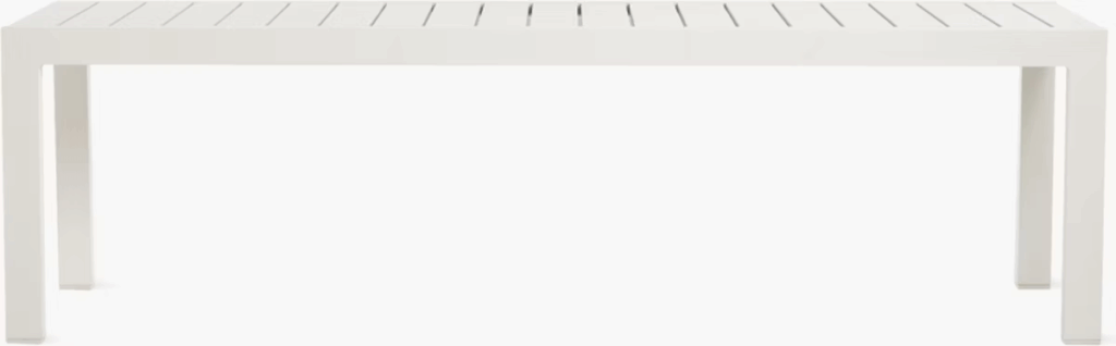 Modern white outdoor dining table with slatted surface and clean lines.