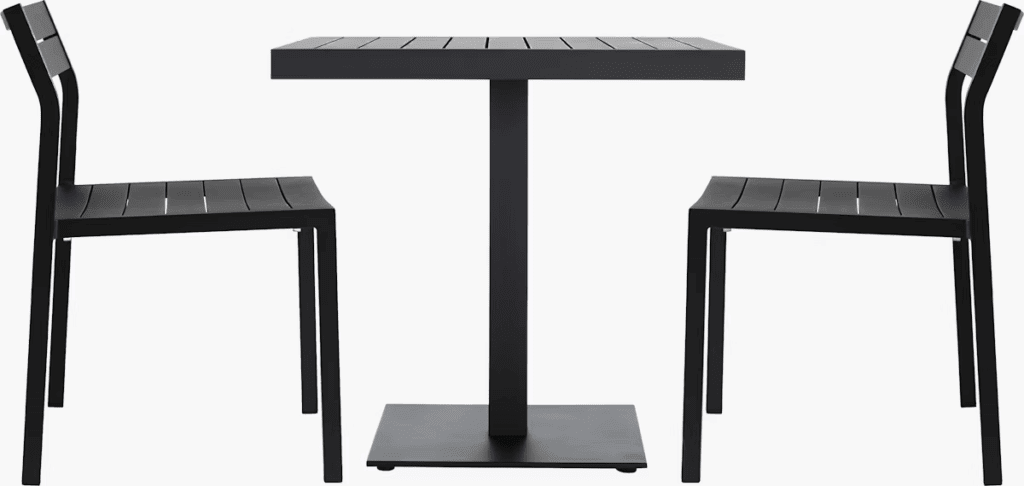 Modern outdoor dining set featuring a square table and two black chairs, designed for stylish al fresco dining.