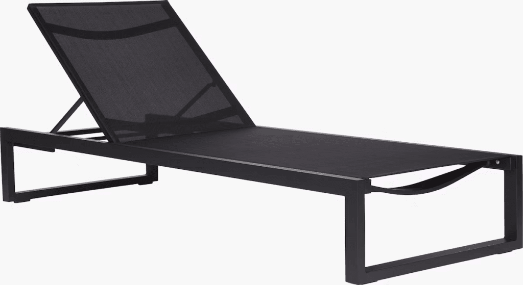 Black modern lounge chair with an adjustable backrest, designed for outdoor relaxation.