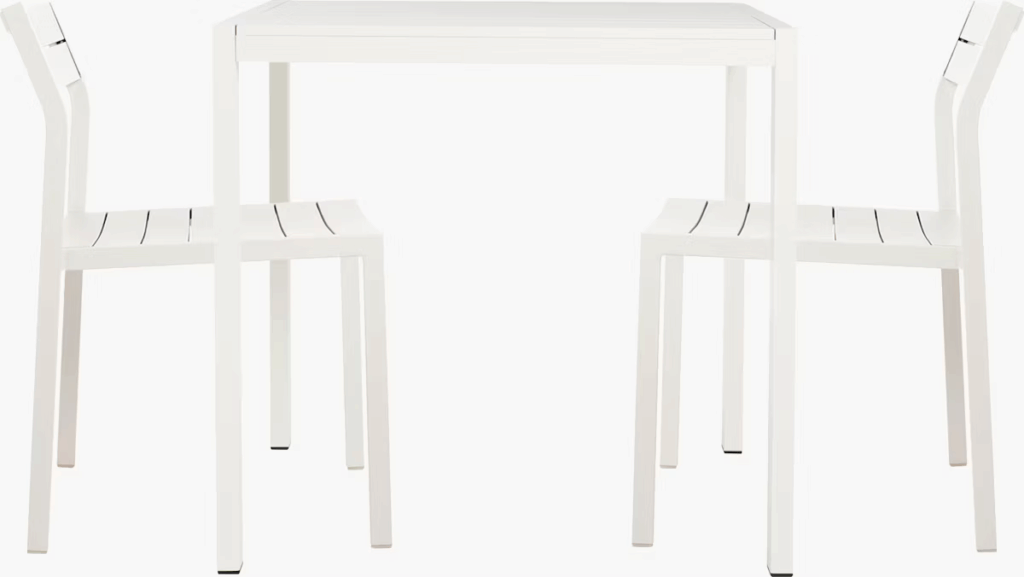 Modern white outdoor table and two chairs with sleek lines and minimalist design.
