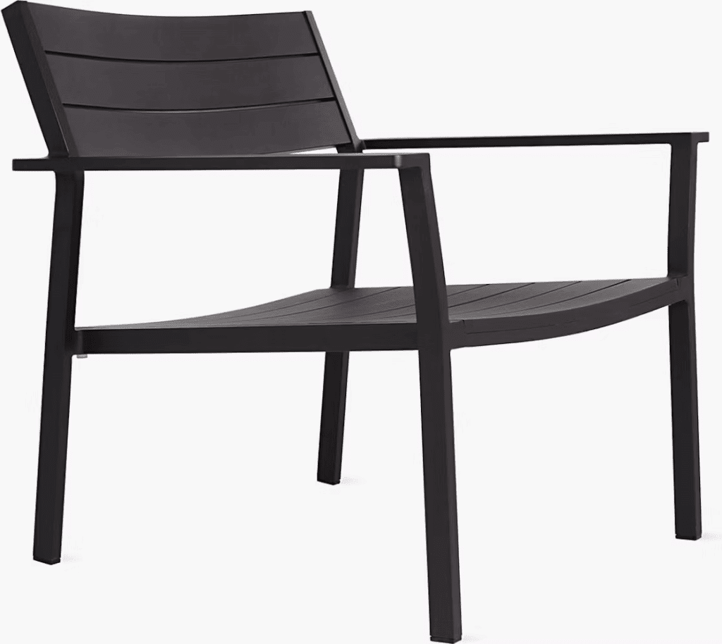 Modern black outdoor chair with a minimalistic design, featuring slatted backrest and seat.