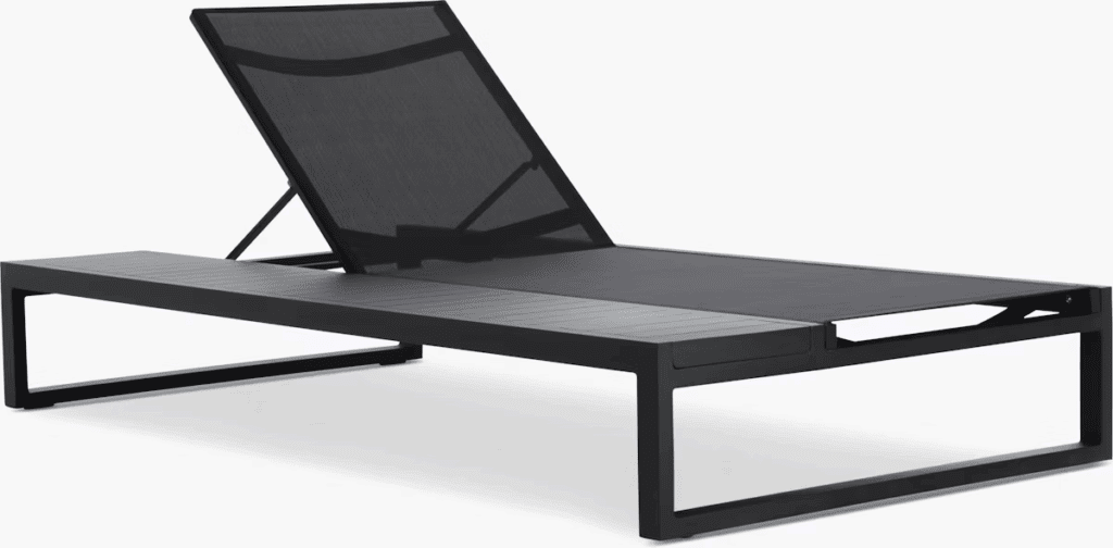 Modern black lounge chair with an adjustable backrest, designed for outdoor relaxation.