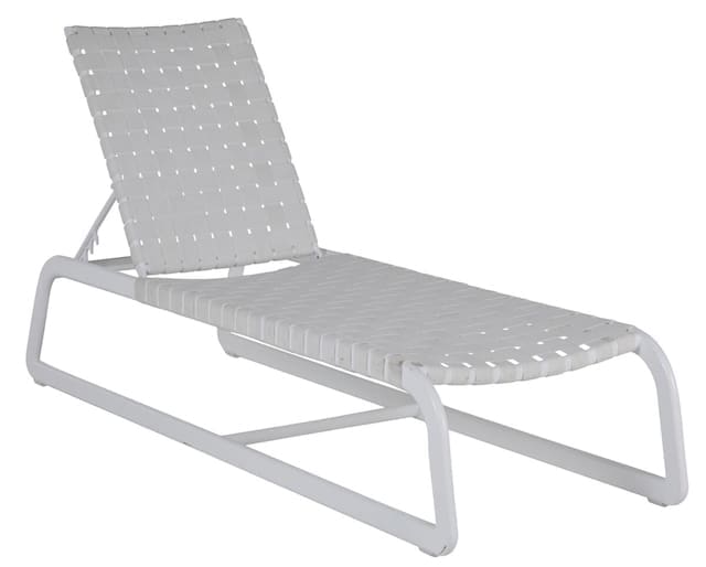White woven lounge chair with a sleek metal frame, designed for an outdoor setting.