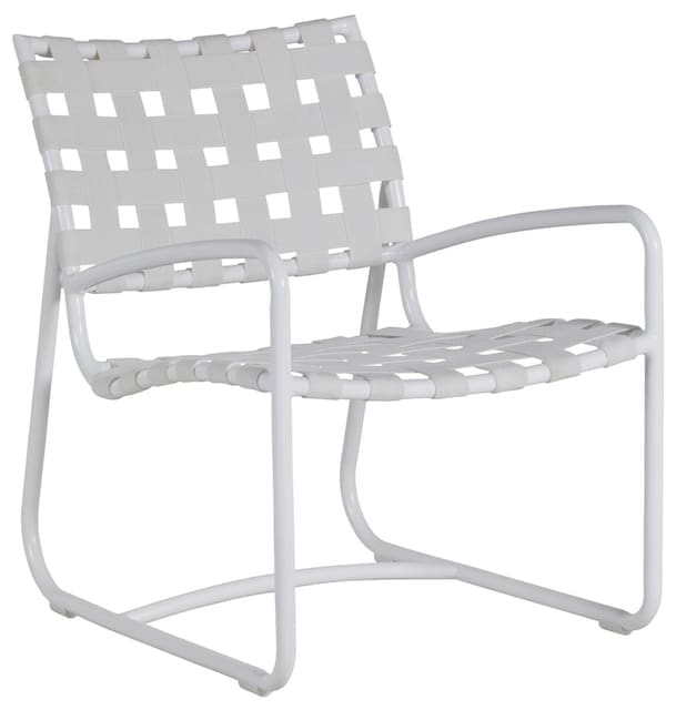 Modern white outdoor chair with a woven seat and backrest, featuring curved metal legs.