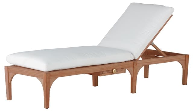 Wooden outdoor chaise lounge with white cushion, designed for relaxation.