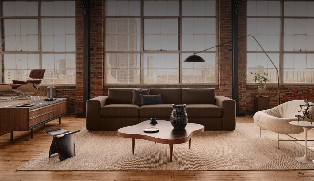 A modern living room featuring a brown sofa, a wooden coffee table, and various design elements such as stylish chairs, a floor lamp, and large windows with a view.