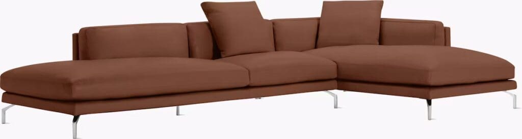 A modern brown sectional sofa with clean lines and metal legs, suitable for contemporary living room decor.