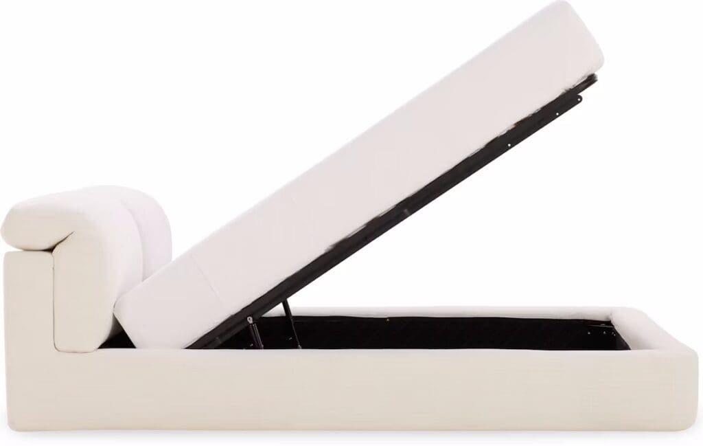 A modern storage sofa with a reclining backrest, upholstered in white fabric, showcasing a sleek and minimalistic design.