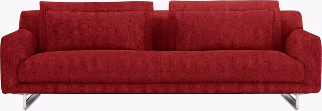 Red modern sofa with two back cushions and sleek metal legs.