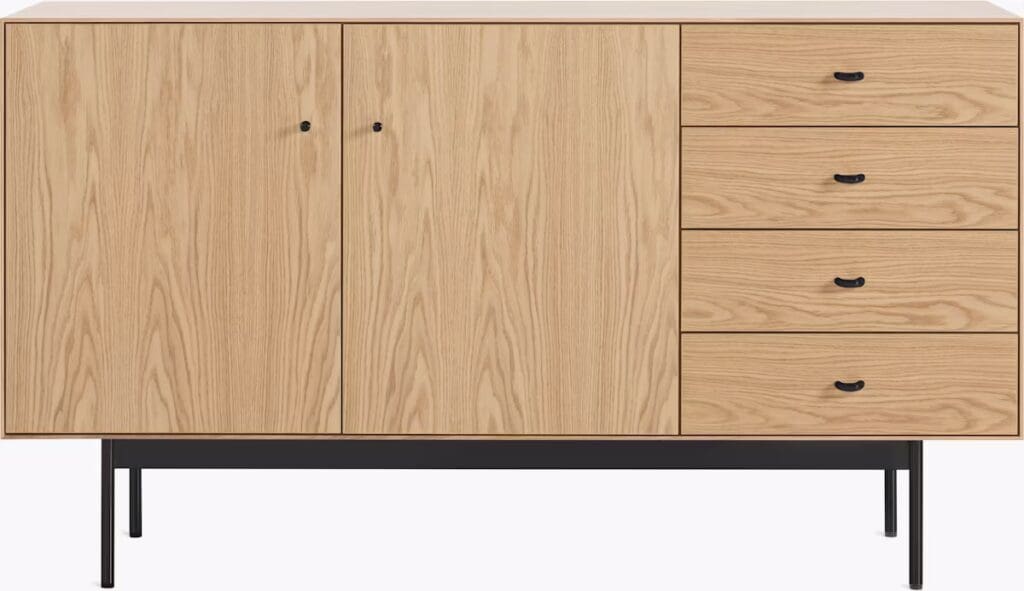 A modern wooden sideboard featuring a light oak finish with two doors and four drawers, set on black legs.