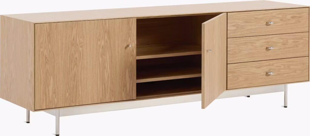 A modern wooden sideboard featuring two doors and three drawers, showcasing a sleek design with metal legs.