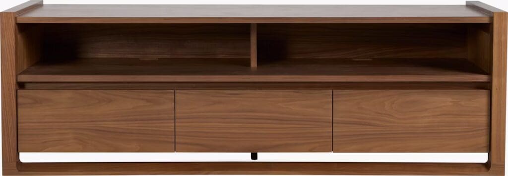 A modern wooden television stand with a smooth top surface, featuring two drawers and an open shelf above, designed for contemporary living spaces.