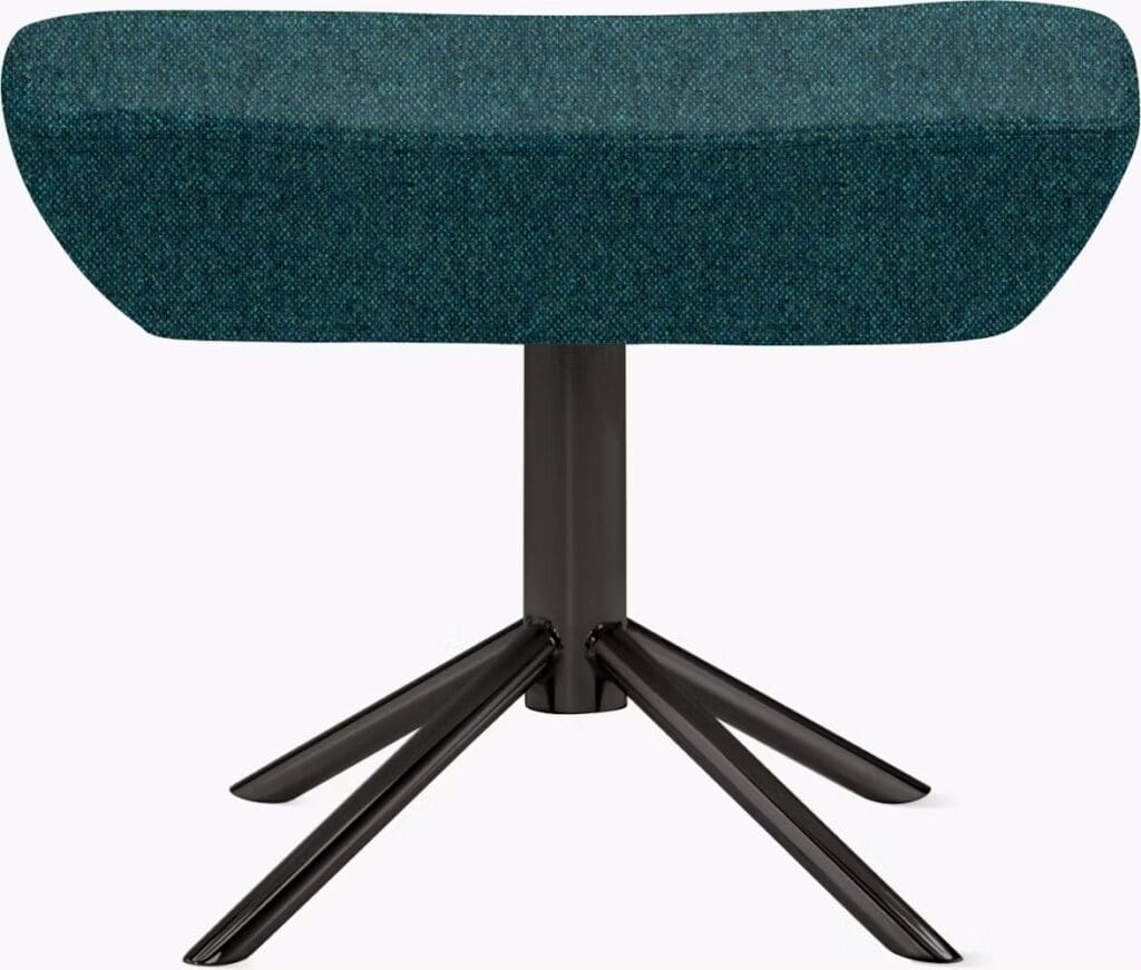 A modern accent stool with a curved teal upholstered seat and a black metal tripod base.
