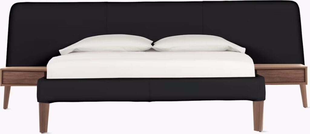 A modern black upholstered bed frame with a sleek headboard and wooden side tables featuring clean lines and a minimalist design.