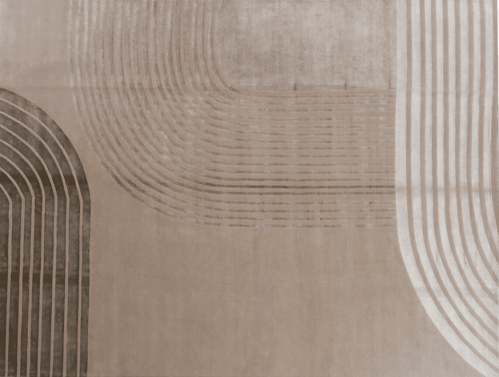 Abstract rug featuring soft beige tones with varying curved and linear patterns, creating a modern and minimalist design.
