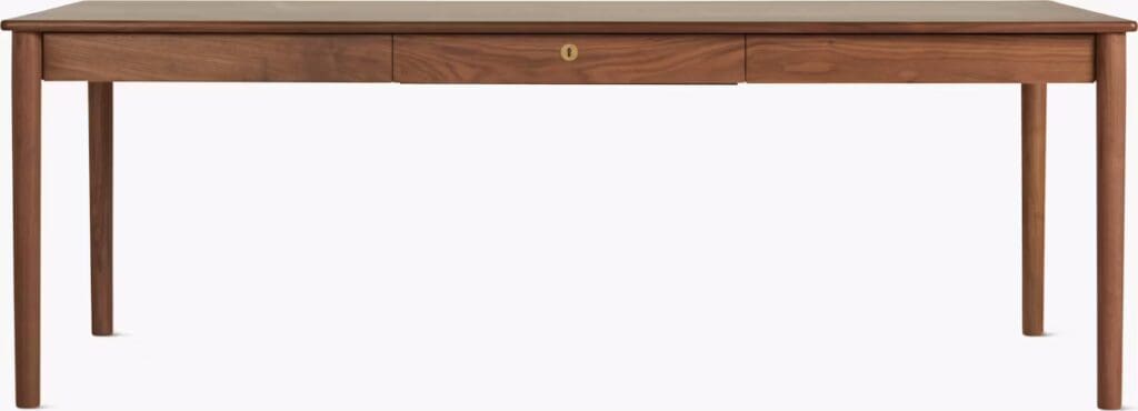 A sleek wooden coffee table with a simple design featuring a single drawer, set against a plain background.