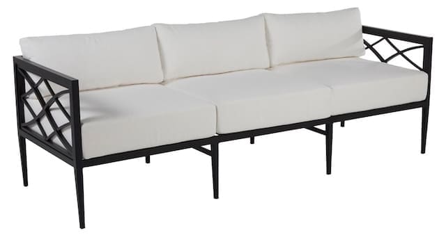 Modern outdoor sectional sofa with a black metal frame and white cushions, designed for luxury outdoor spaces.