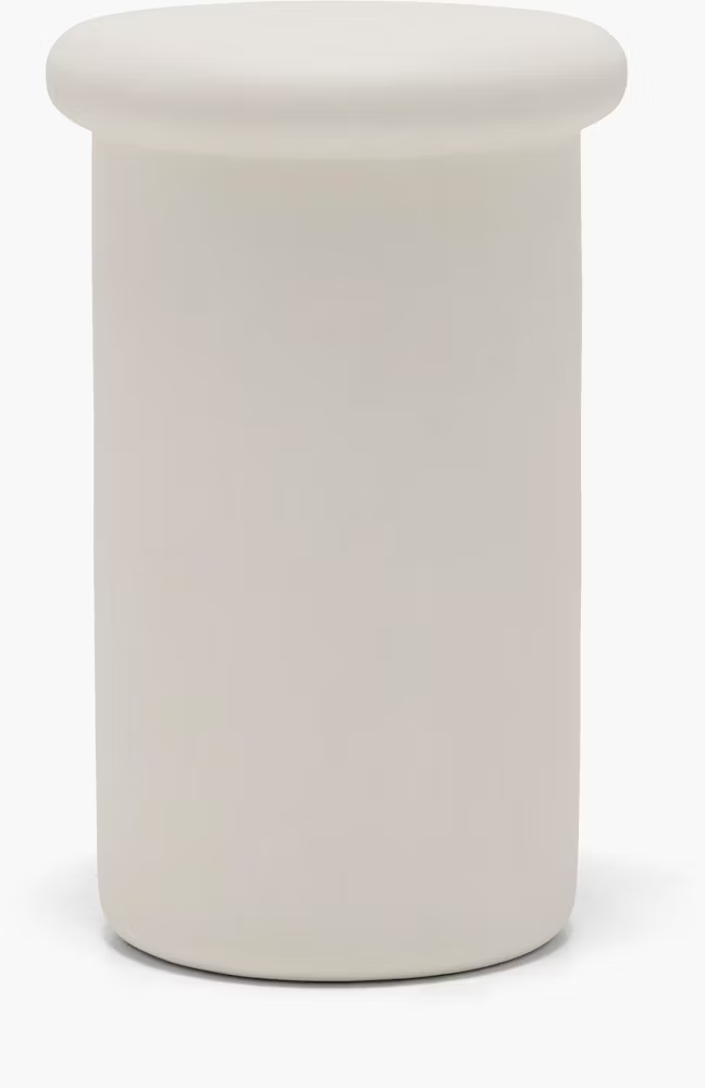 Minimalist design white stool with a round top and cylindrical shape, suitable for modern indoor or outdoor settings.