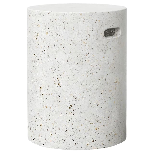 White terrazzo side table with a cylindrical shape and a cutout handle.