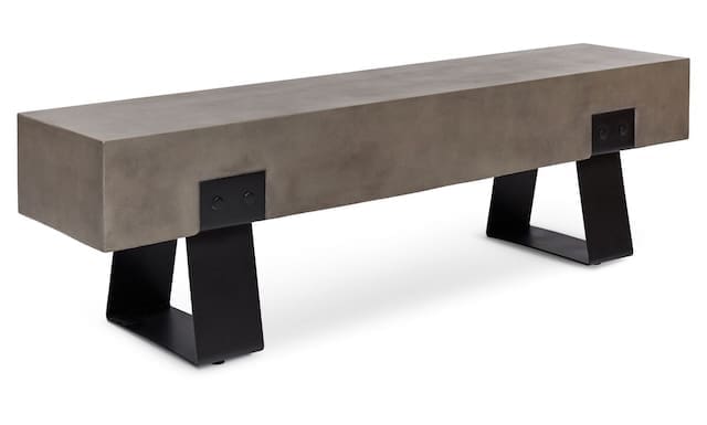 Modern outdoor bench with a minimalist design featuring a concrete top and black metal legs.