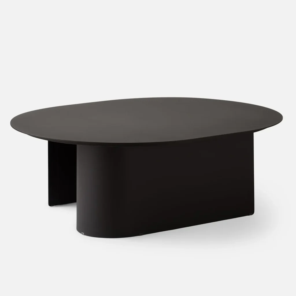 Modern black oval coffee table with a minimalist design, featuring a smooth top and bold base.