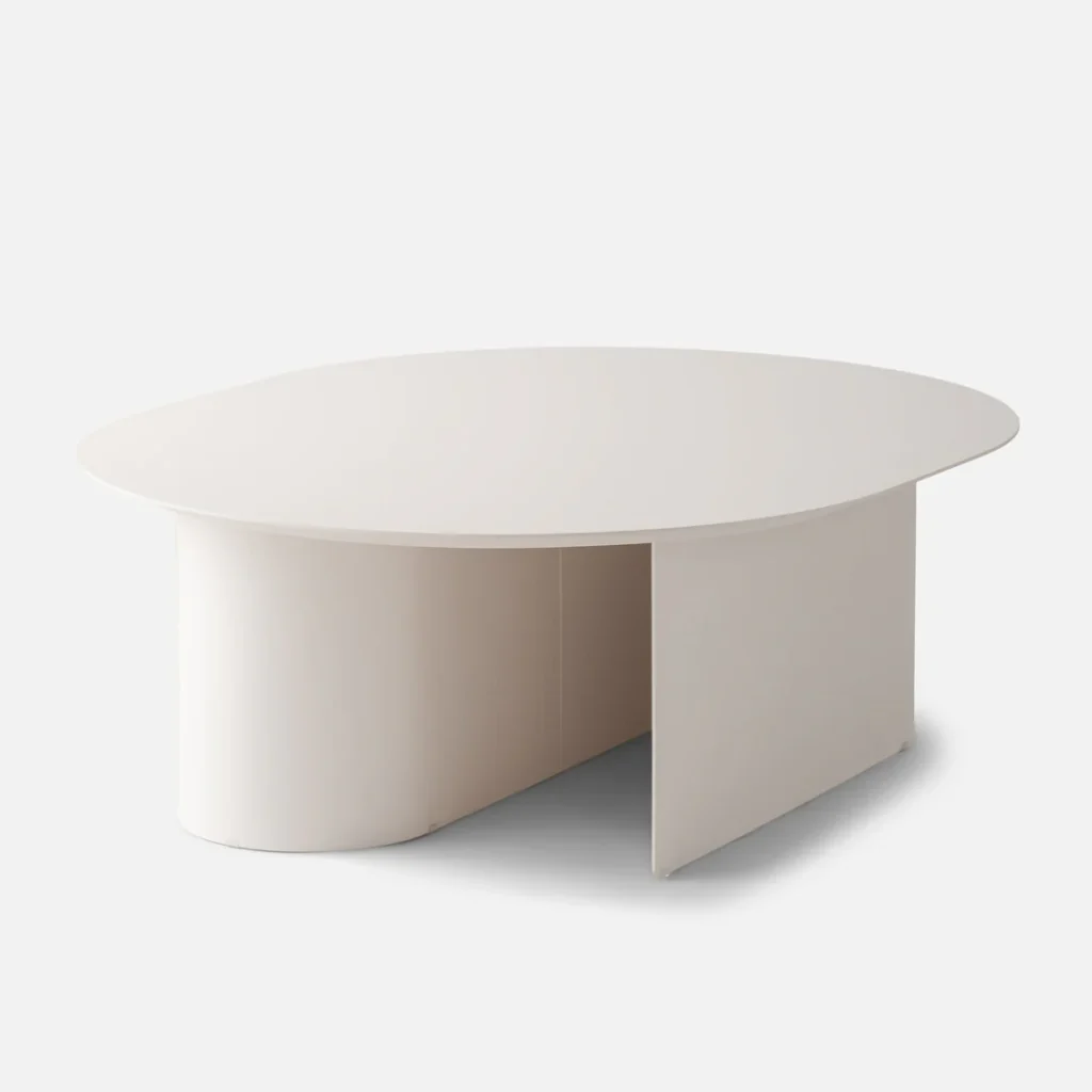 Modern round coffee table with a smooth, light-colored surface and unique geometric base.