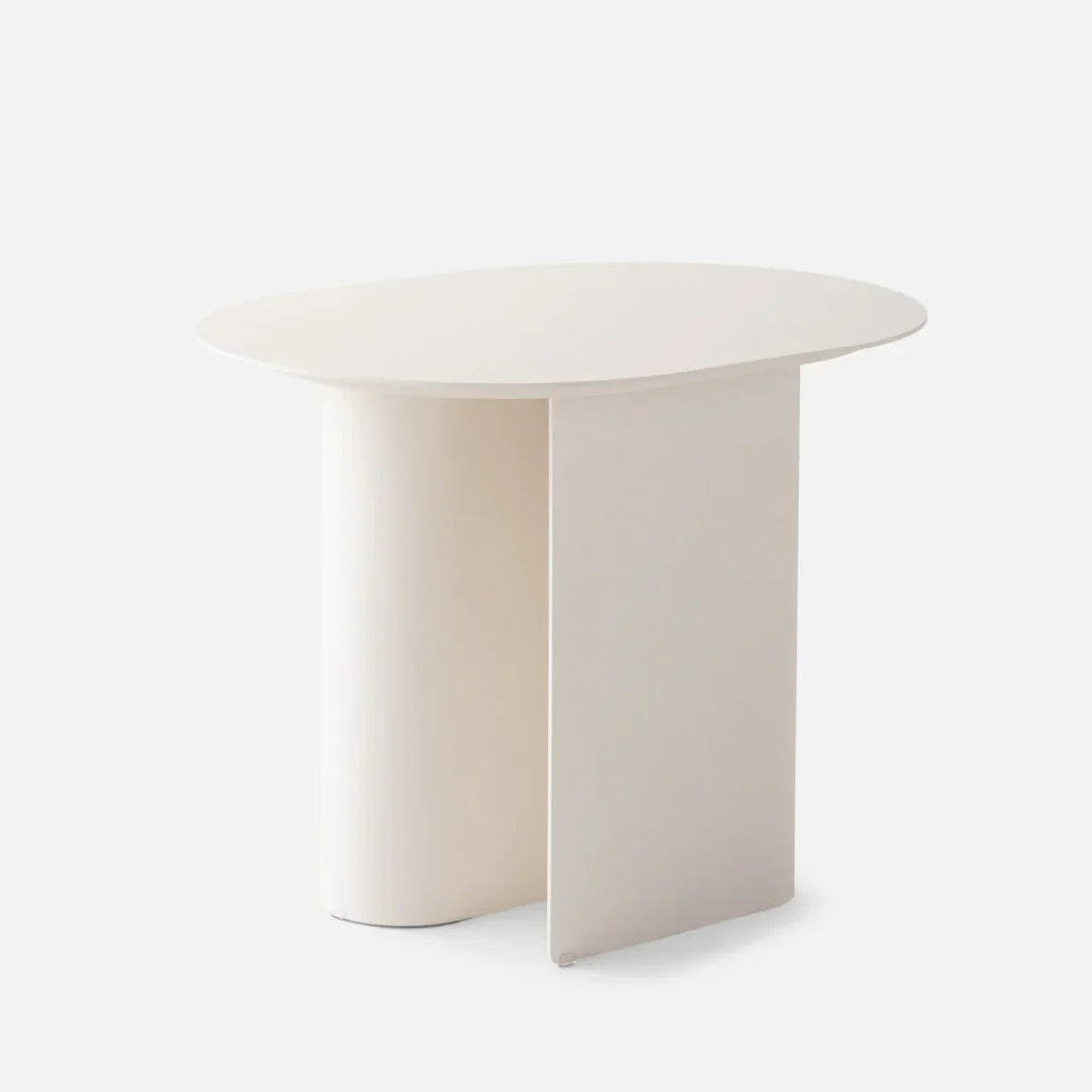 Minimalist white outdoor side table with an oval top and curved base.