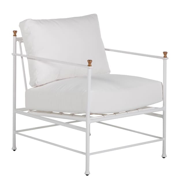 Modern outdoor chair with a white cushion and metal frame, featuring a minimalist design.