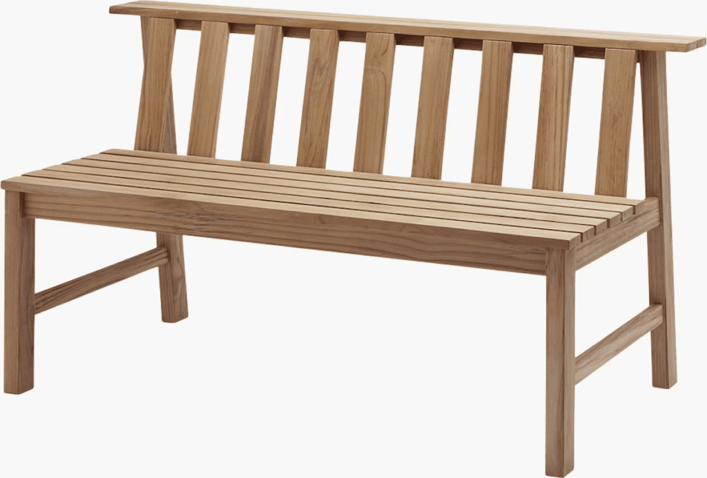 Elegant wooden bench with a slatted design and a high backrest, suitable for outdoor use.