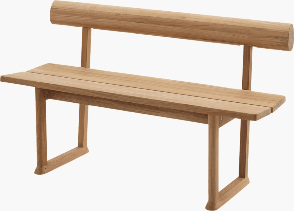 Modern wooden bench with a minimalist design, featuring a rounded backrest and slatted seat.
