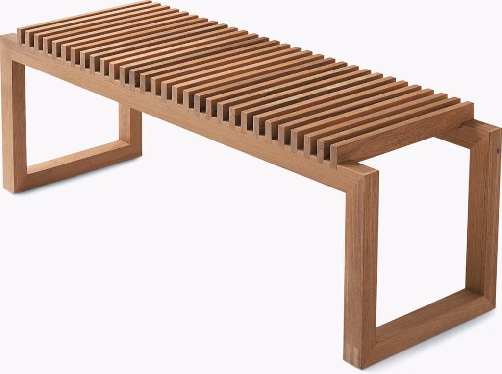 A wooden slatted bench with a rectangular frame, featuring an open design that highlights its minimalist style.