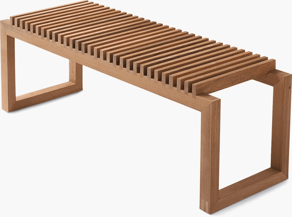 A contemporary wooden bench featuring a slatted design and minimalistic frame, ideal for outdoor or indoor settings.