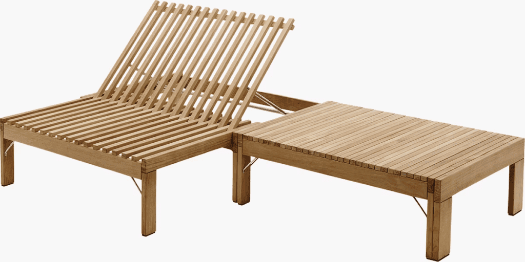 Contemporary wooden lounge chair with slatted design, featuring a reclining back and flat platform section.