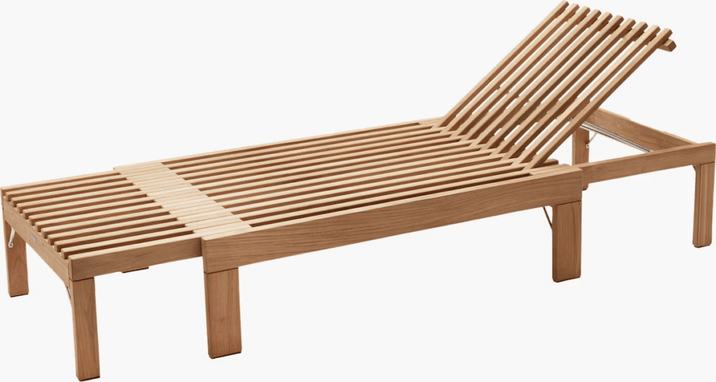 Wooden lounge chair with slatted design and adjustable backrest, set against a white background.