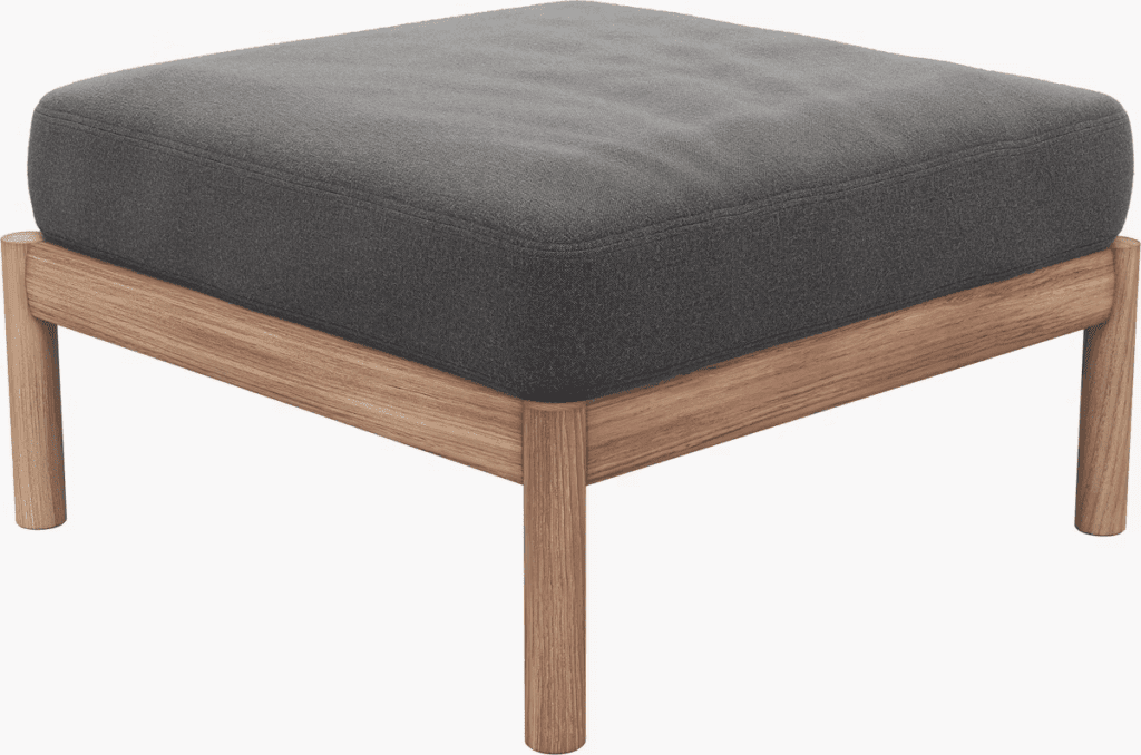 Modern outdoor ottoman with a plush gray cushion and wooden legs, designed for luxury lounging.