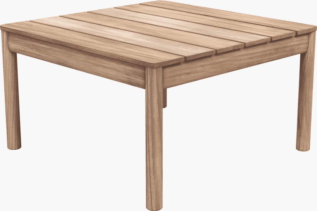 A modern wooden coffee table with slatted top and sturdy legs, suitable for outdoor lounging.