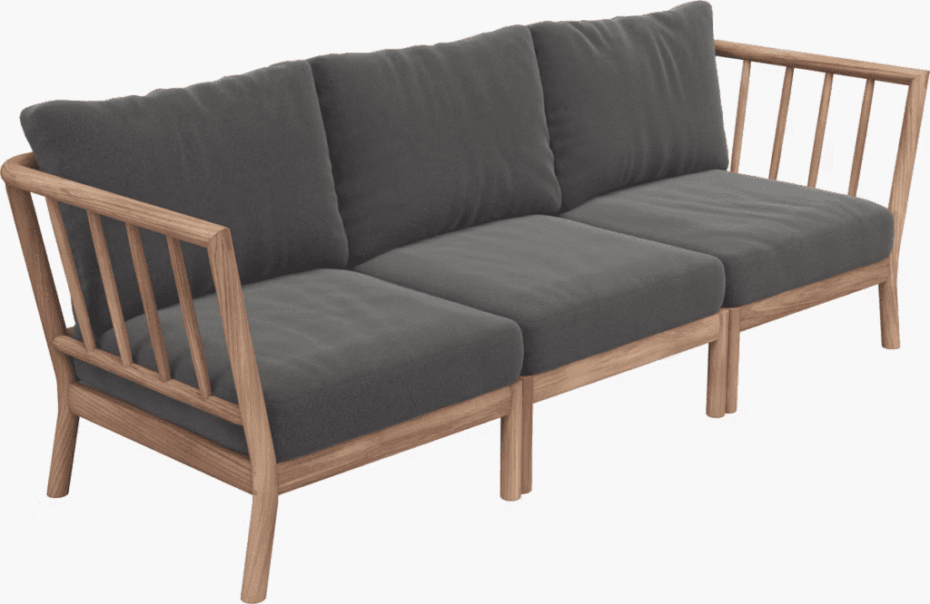 Modern outdoor sofa with a wooden frame and dark gray cushions, ideal for luxurious patio settings.