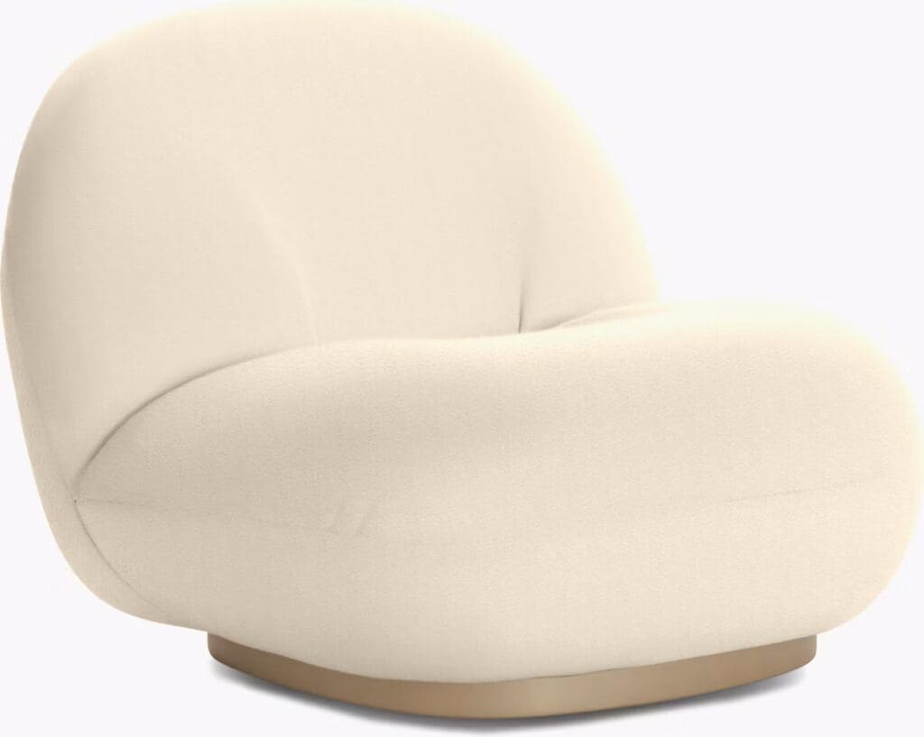 A modern, plush chair with a rounded design featuring a soft cream-colored fabric and a beige base.