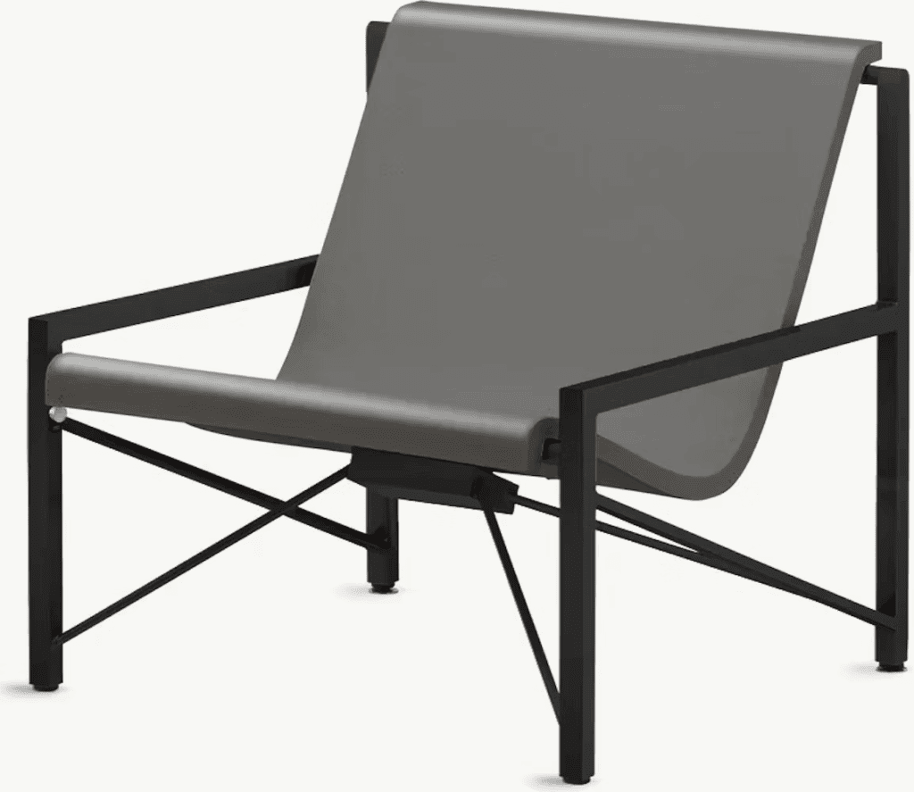 Modern outdoor chair with a sleek black metal frame and a gray fabric seat, designed for stylish relaxation.