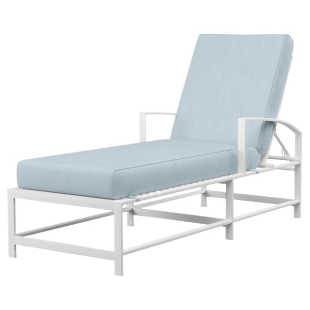 Modern outdoor chaise lounge with a light blue cushion and a white frame, designed for relaxation.