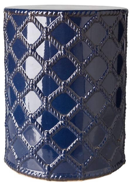 A decorative blue ceramic side table featuring a diamond pattern, designed for outdoor or indoor use.