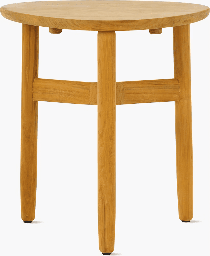Round wooden side table with a smooth surface and four sturdy legs.